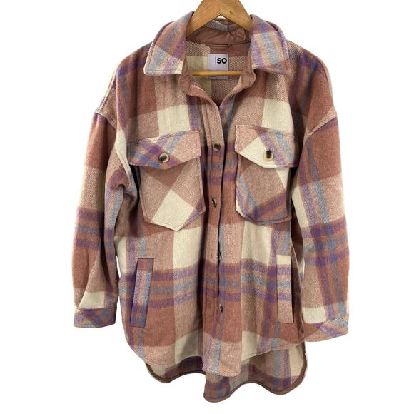 SO Plaid Oversized high low length Jacket shirt . Size small Blush Multicolor - Picture 1 of 12